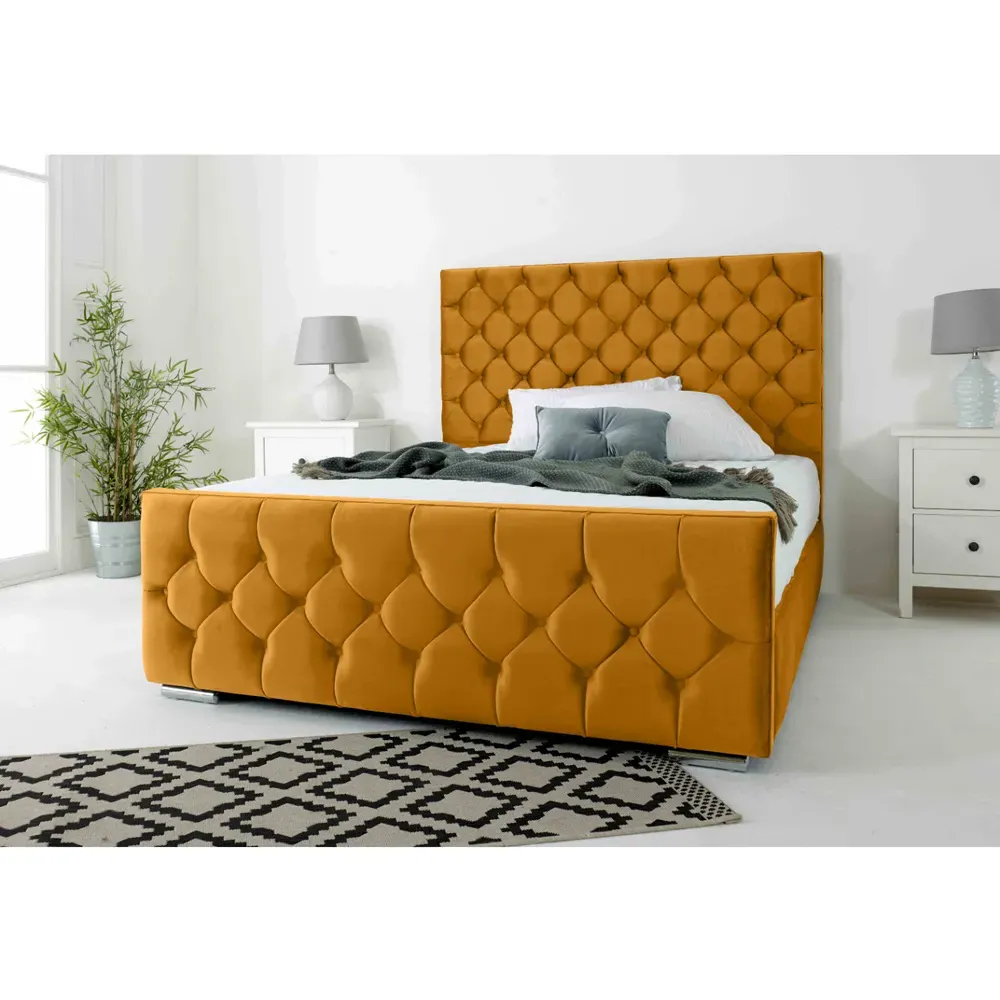 Maya King Size Bed Frame with Chesterfield Headboard - Mustard, Velvet