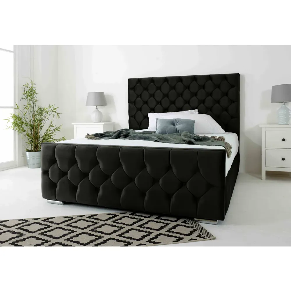 Maya Single Bed Frame with Chesterfield Headboard - Black, Velvet
