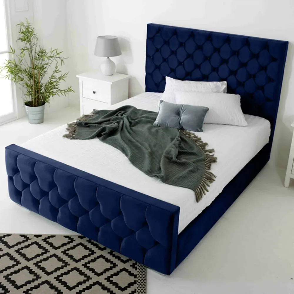 Maya Single Bed Frame with Chesterfield Headboard - Blue, Velvet