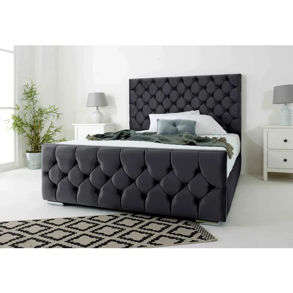 Maya Single Bed Frame with Chesterfield Headboard - Grey, Velvet
