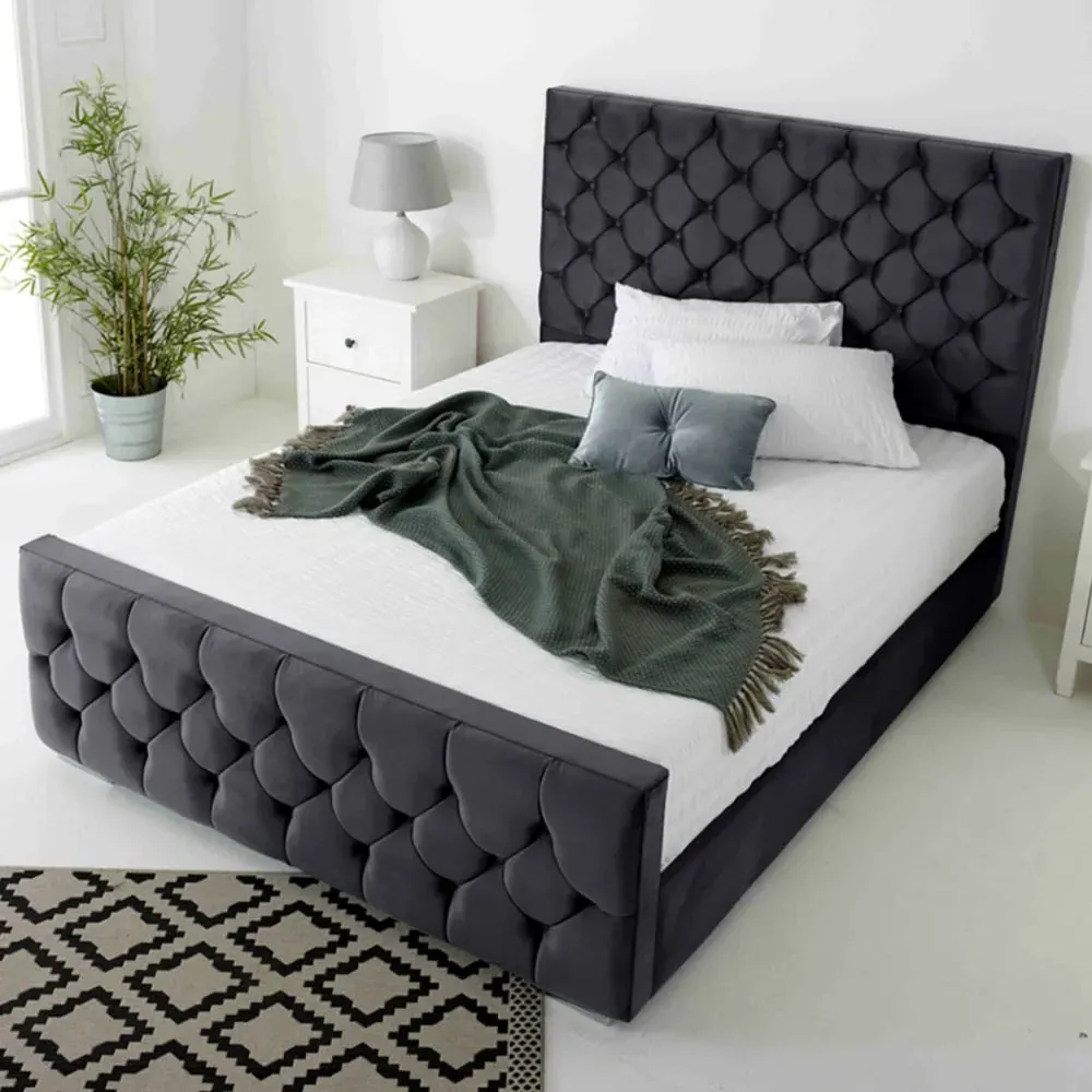 Maya Single Bed Frame with Chesterfield Headboard - Grey, Velvet