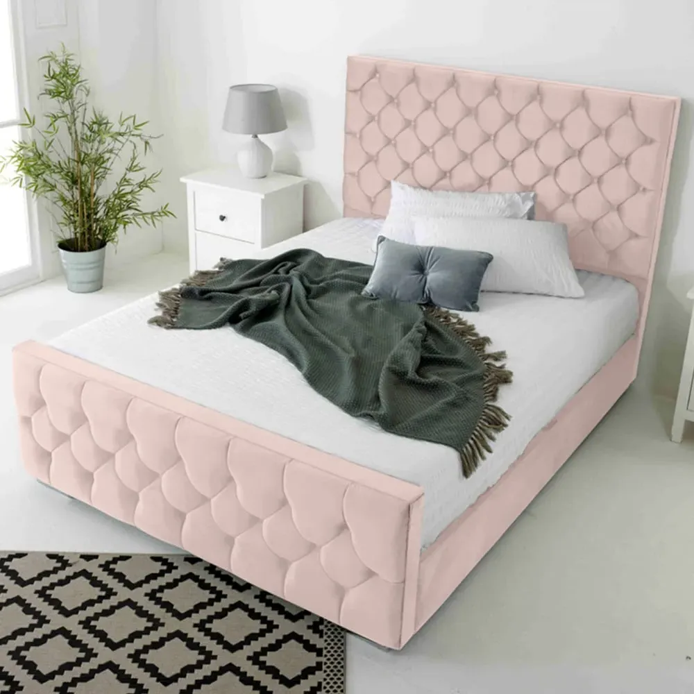 Maya Single Bed Frame with Chesterfield Headboard - Pink, Velvet