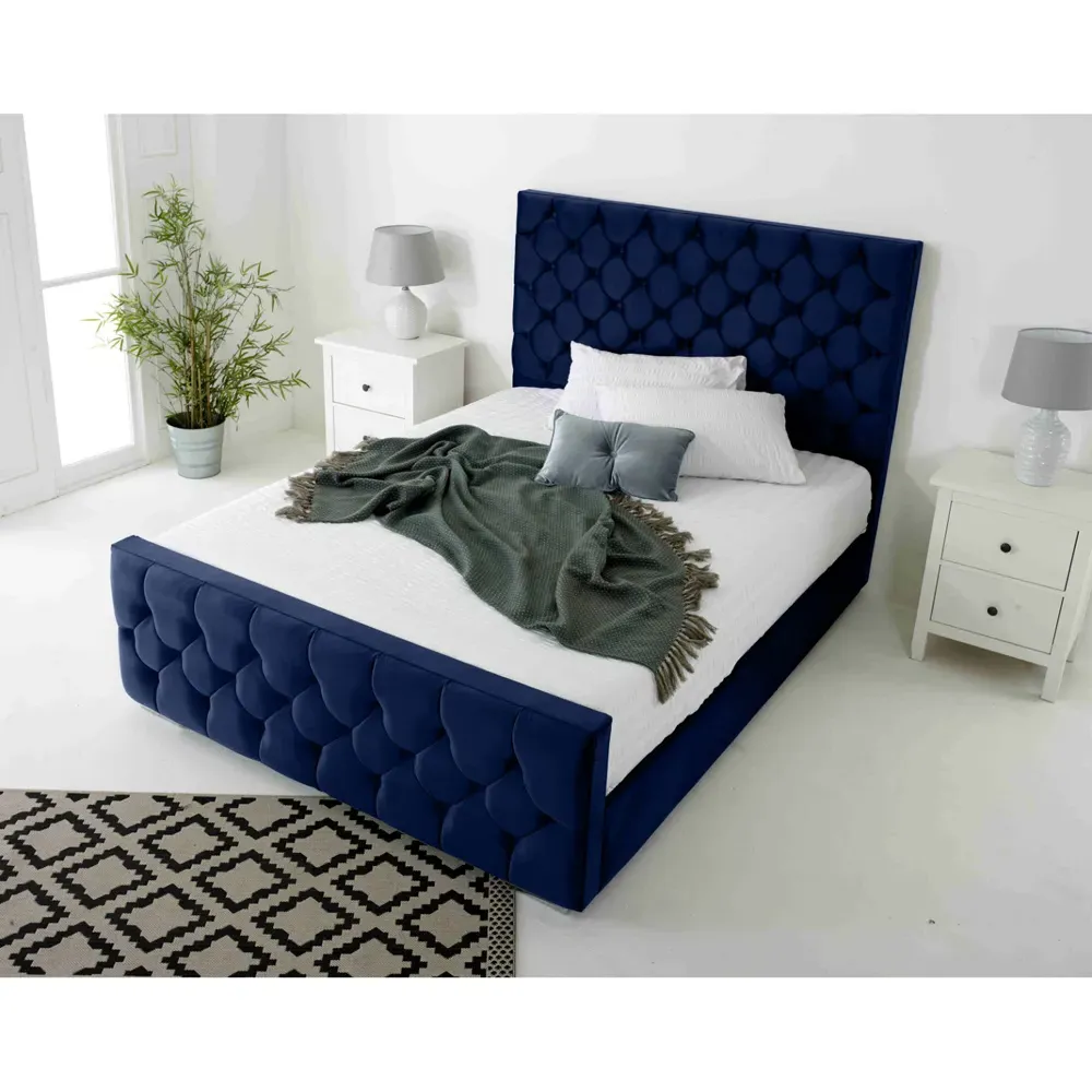 Maya Small Double Bed Frame with Chesterfield Headboard - Blue, Velvet
