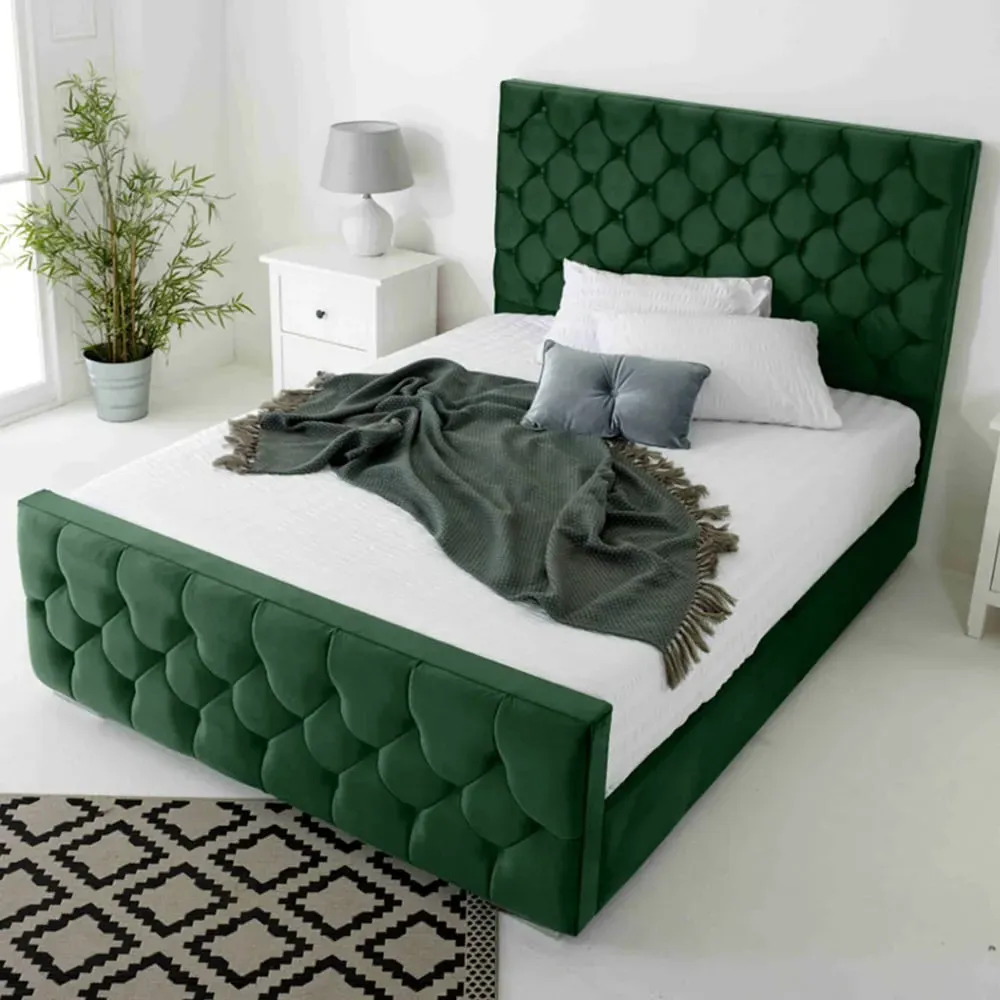 Maya Small Double Bed Frame with Chesterfield Headboard - Green, Velvet