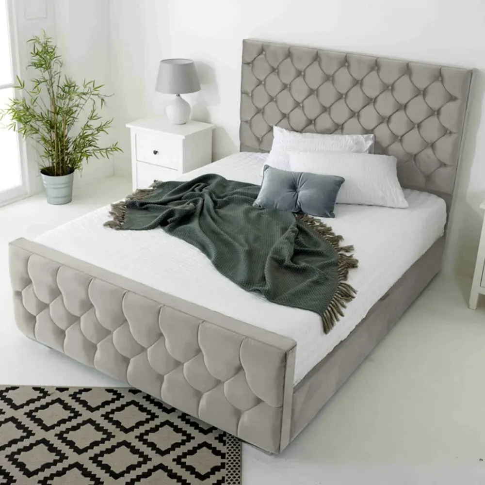 Maya Small Double Bed Frame with Chesterfield Headboard - Silver, Velvet