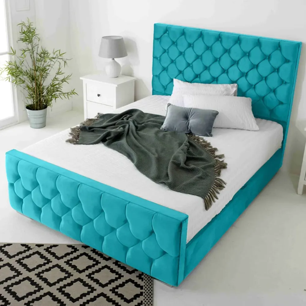 Maya Small Double Bed Frame with Chesterfield Headboard - Teal, Velvet