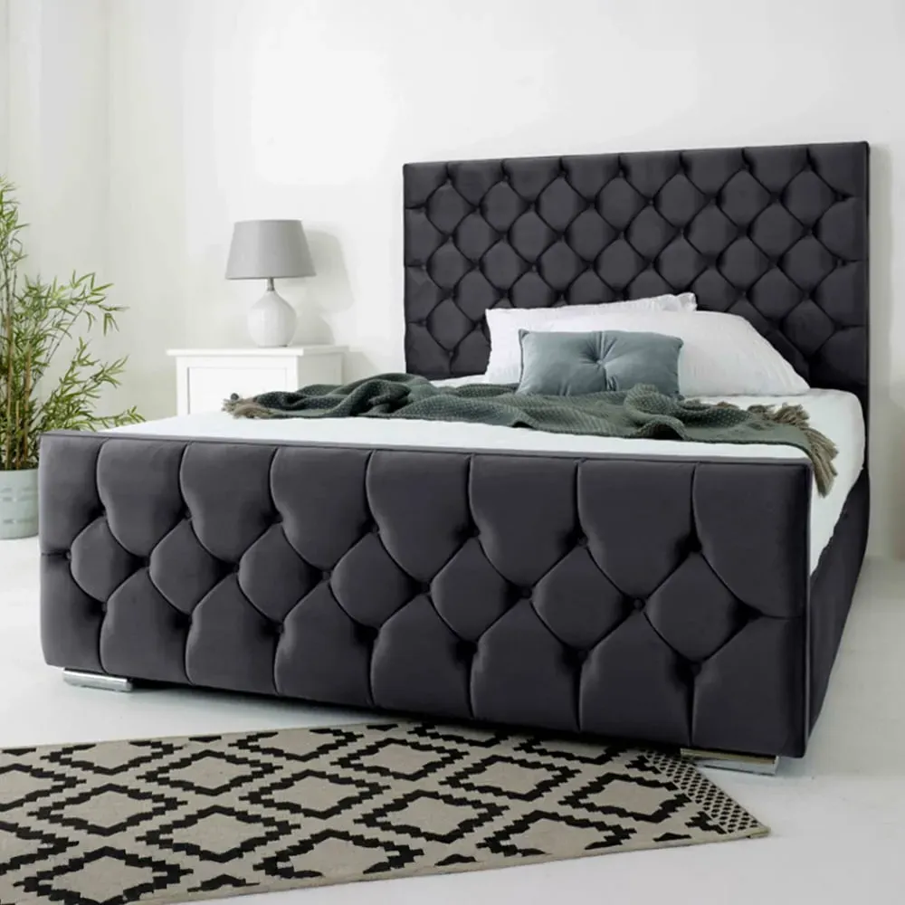 Maya Super King Size Bed Frame with Chesterfield Headboard - Grey, Velvet