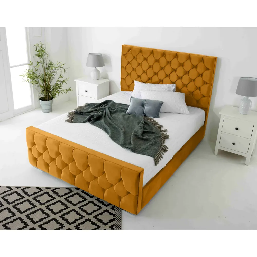 Maya Super King Size Bed Frame with Chesterfield Headboard - Mustard, Velvet