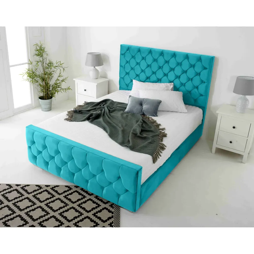 Maya Super King Size Bed Frame with Chesterfield Headboard - Teal, Velvet