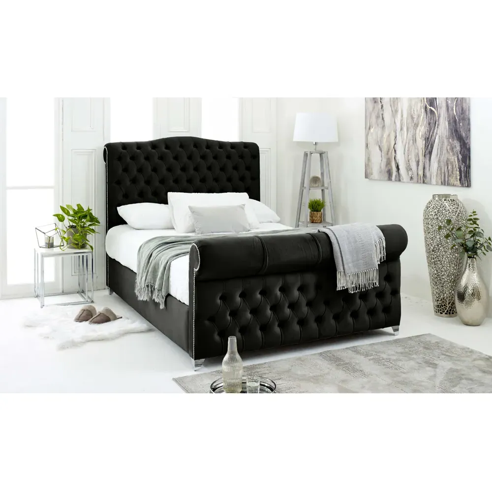 Maynard Double Bed Frame with Buttons - Black, Velvet