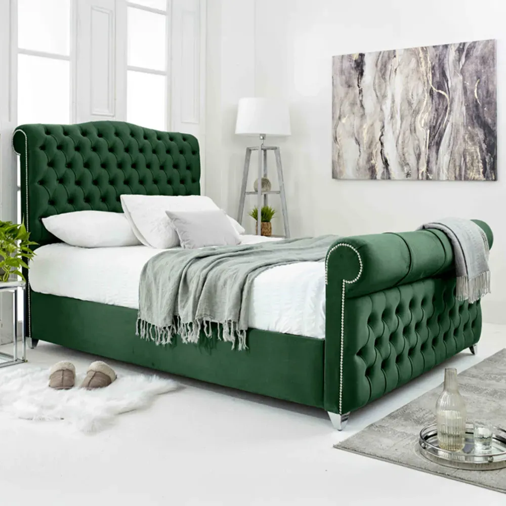 Maynard Double Bed Frame with Buttons - Green, Velvet