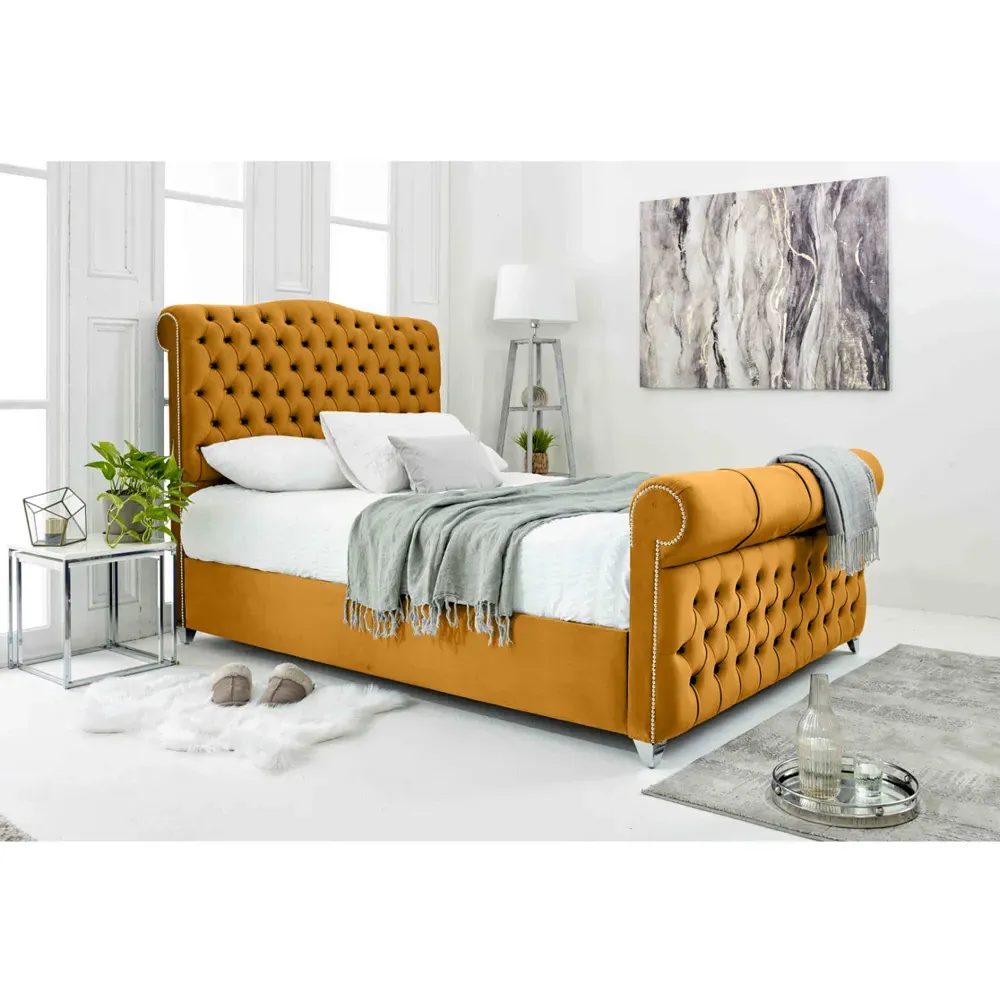 Maynard Double Bed Frame with Buttons - Orange, Velvet