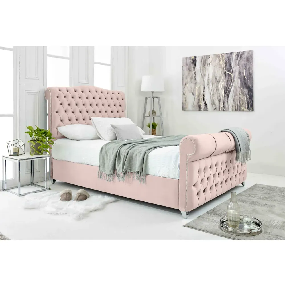 Maynard Double Bed Frame with Buttons - Pink, Velvet