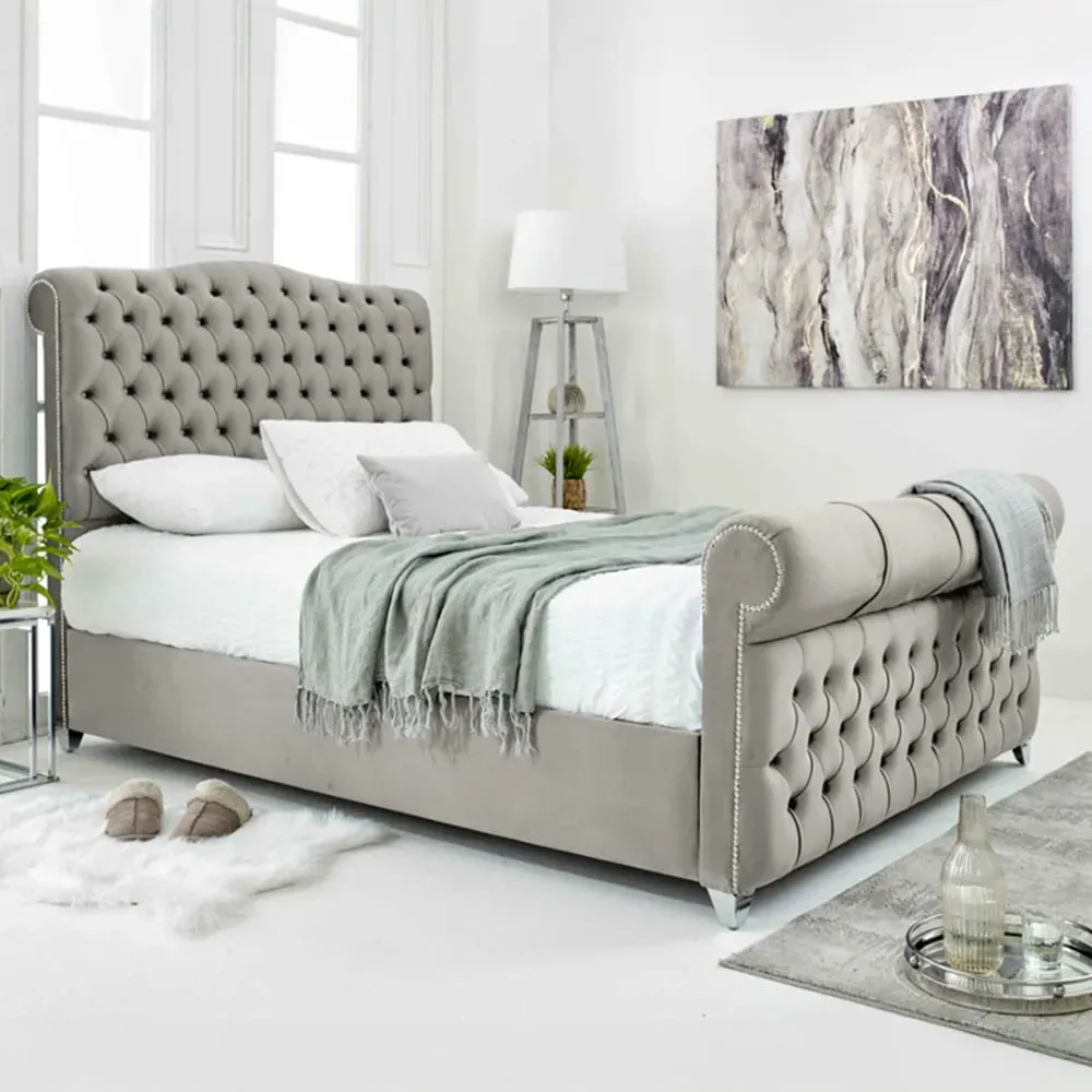 Maynard Double Bed Frame with Buttons - Silver, Velvet