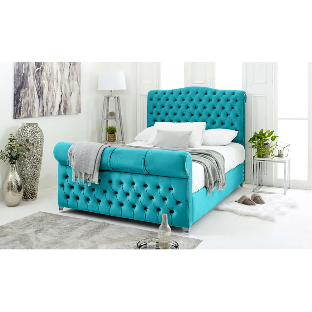 Maynard Double Bed Frame with Buttons - Teal, Velvet