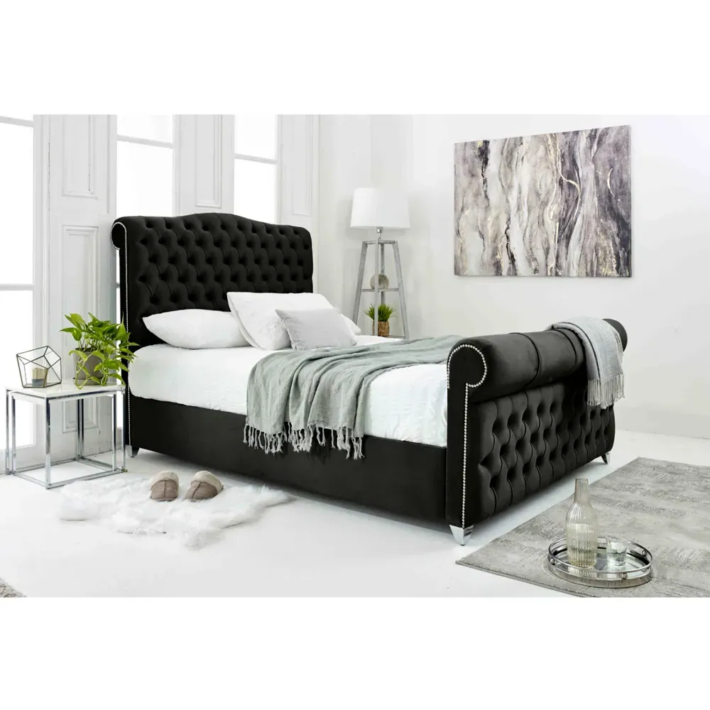 Maynard King Size Bed Frame with Buttons - Black, Velvet
