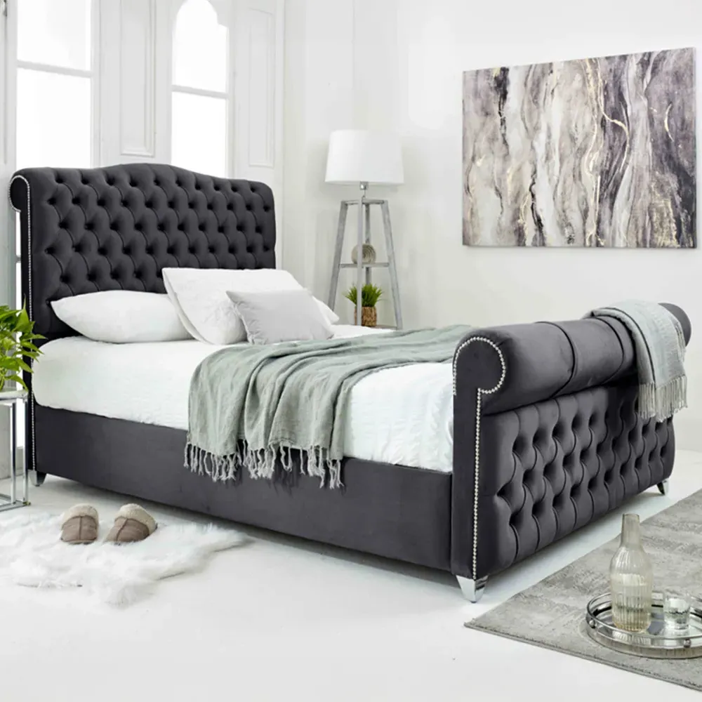 Maynard King Size Bed Frame with Buttons - Grey, Velvet