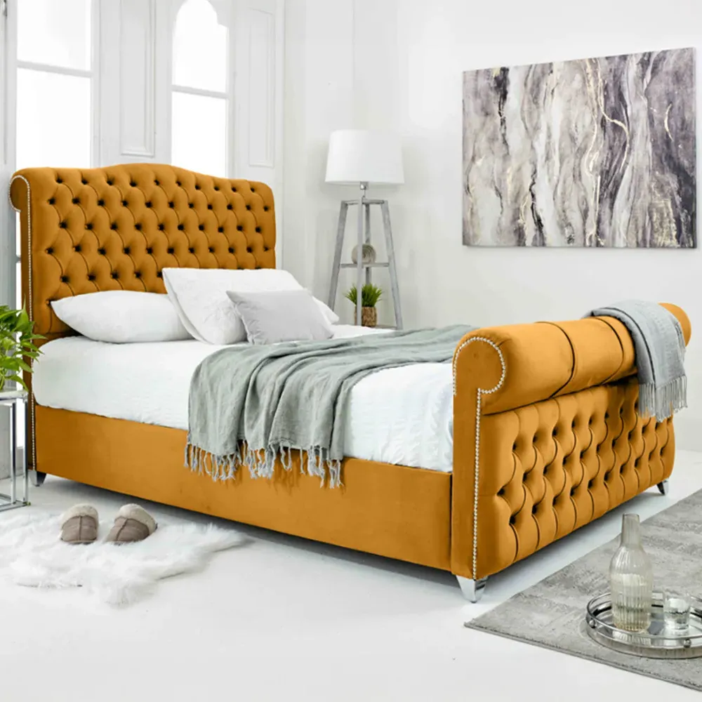 Maynard King Size Bed Frame with Buttons - Orange, Velvet