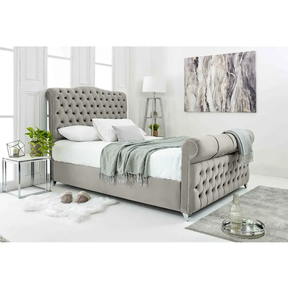 Maynard King Size Bed Frame with Buttons - Silver, Velvet