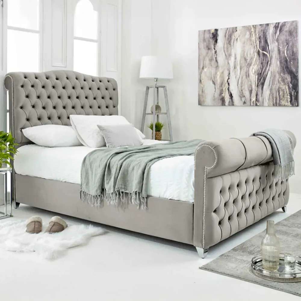 Maynard King Size Bed Frame with Buttons - Silver, Velvet