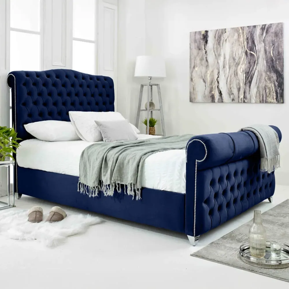 Maynard Single Bed Frame with Buttons - Blue, Velvet