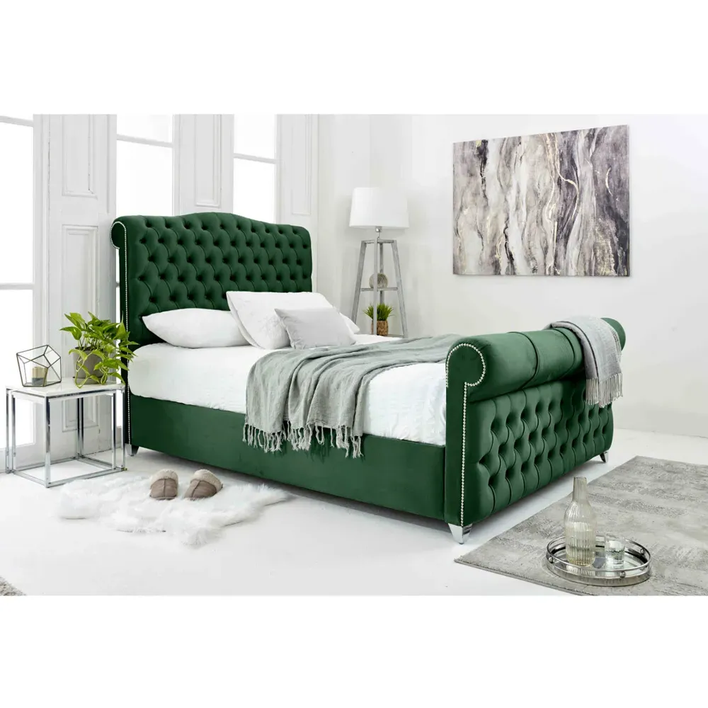 Maynard Single Bed Frame with Buttons - Green, Velvet