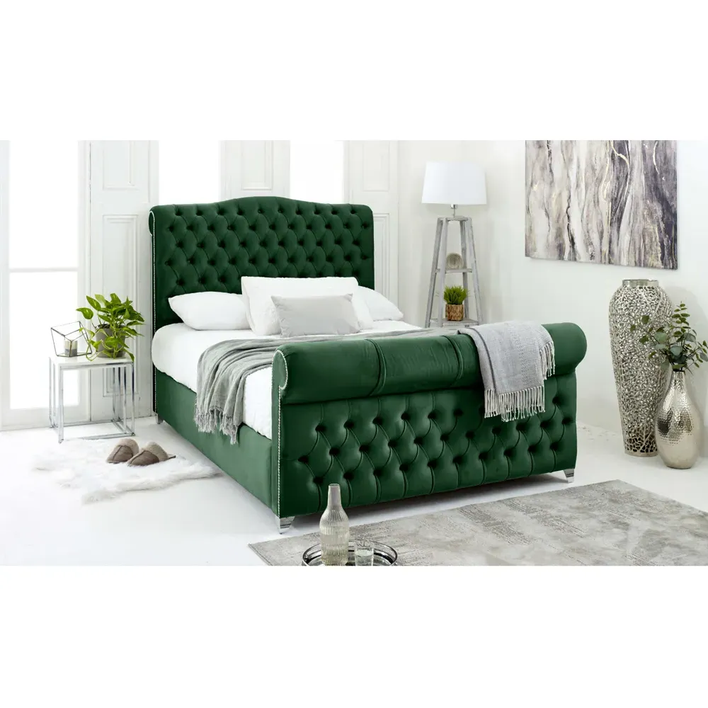 Maynard Single Bed Frame with Buttons - Green, Velvet