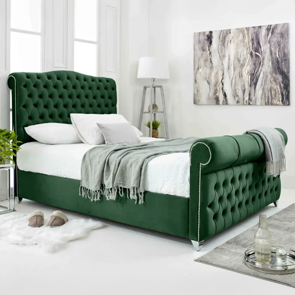 Maynard Single Bed Frame with Buttons - Green, Velvet
