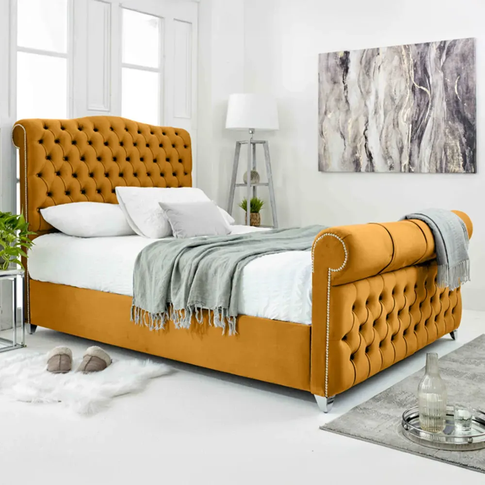 Maynard Single Bed Frame with Buttons - Mustard, Velvet