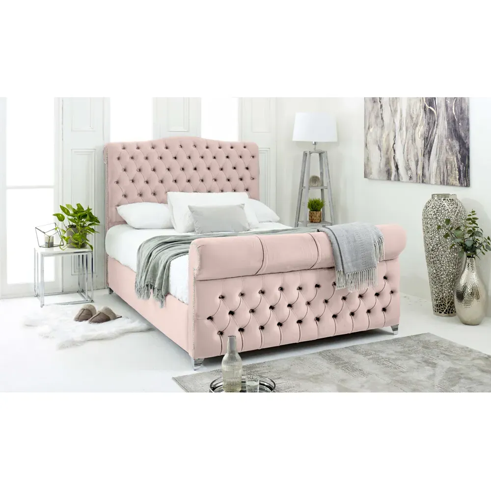 Maynard Single Bed Frame with Buttons - Pink, Velvet