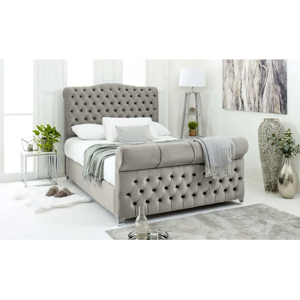 Maynard Single Bed Frame with Buttons - Silver, Velvet