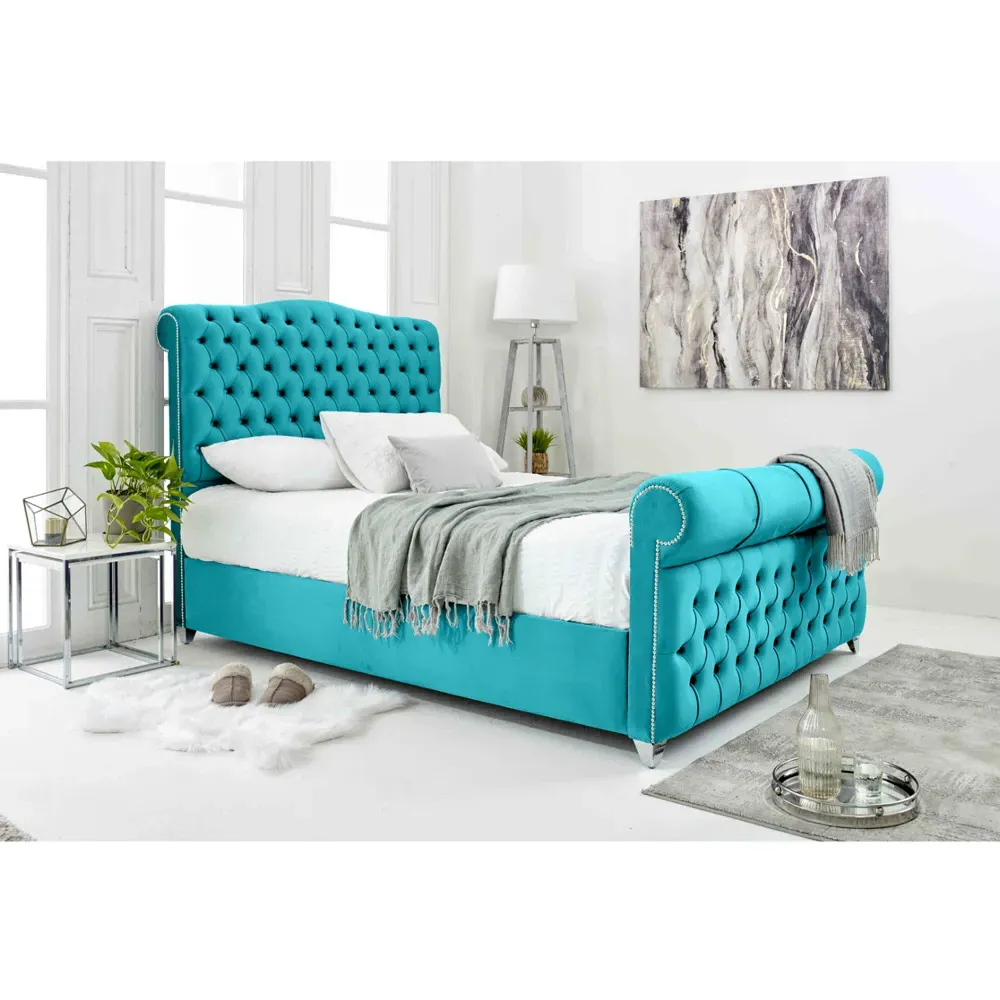 Maynard Single Bed Frame with Buttons - Teal, Velvet