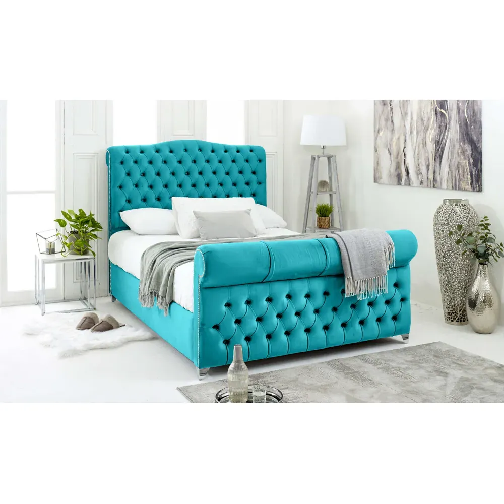 Maynard Single Bed Frame with Buttons - Teal, Velvet