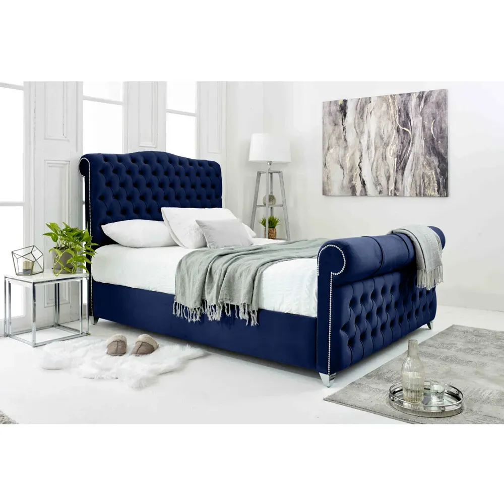 Maynard Small Double Bed Frame with Buttons - Blue, Velvet