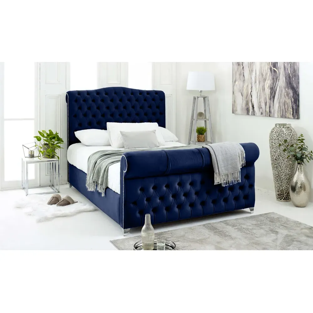 Maynard Small Double Bed Frame with Buttons - Blue, Velvet