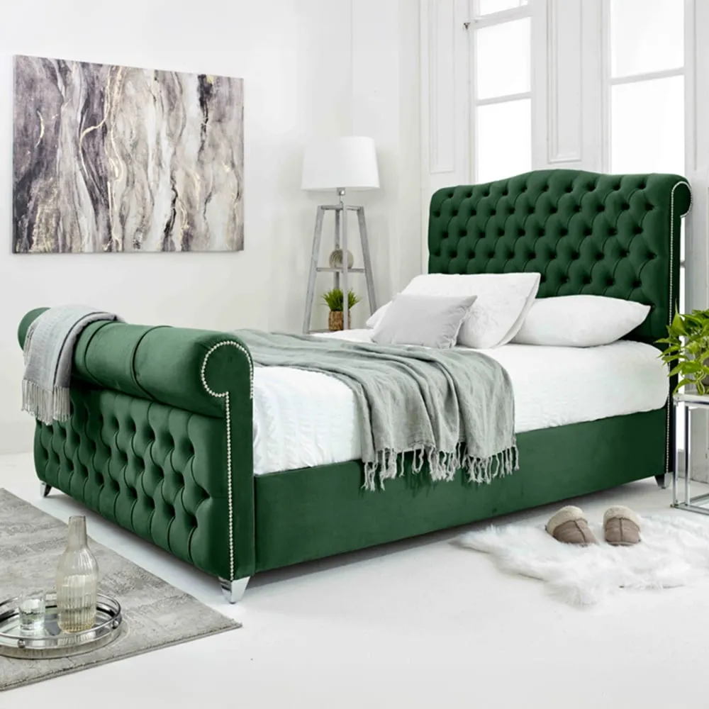 Maynard Small Double Bed Frame with Buttons - Green, Velvet