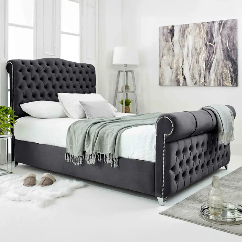 Maynard Small Double Bed Frame with Buttons - Grey, Velvet image
