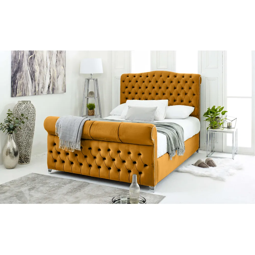 Maynard Small Double Bed Frame with Buttons - Mustard, Velvet