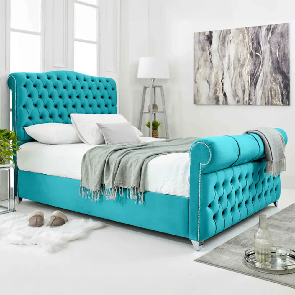Maynard Small Double Bed Frame with Buttons - Teal, Velvet