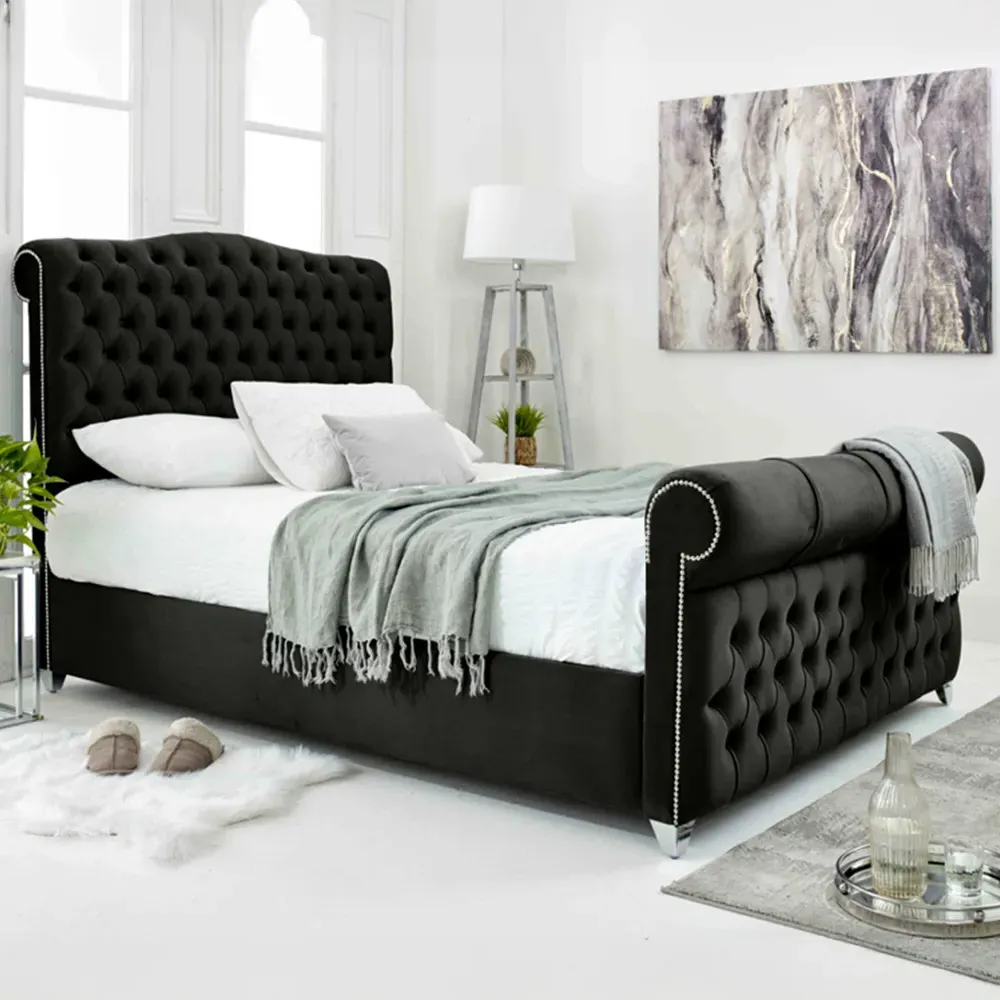 Maynard Super King Bed Frame with Buttons - Black, Velvet
