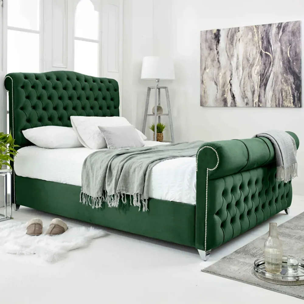 Maynard Super King Bed Frame with Buttons - Green, Velvet