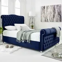 Maynard Super King Size Bed Frame with Buttons - Blue, Velvet