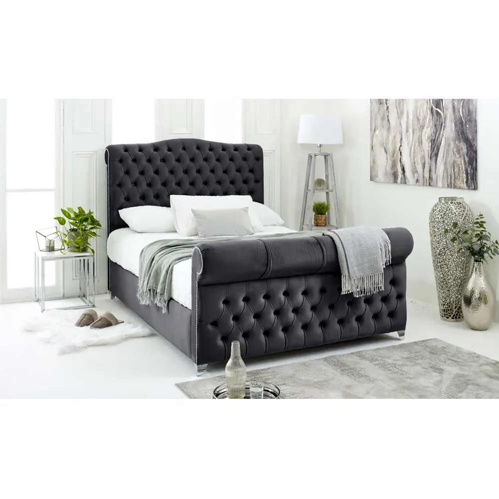 Maynard Super King Size Bed Frame with Buttons - Grey, Velvet