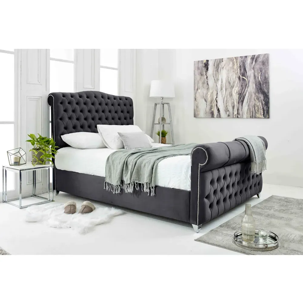 Maynard Super King Size Bed Frame with Buttons - Grey, Velvet