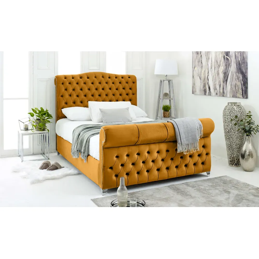 Maynard Super King Size Bed Frame with Buttons - Mustard, Velvet