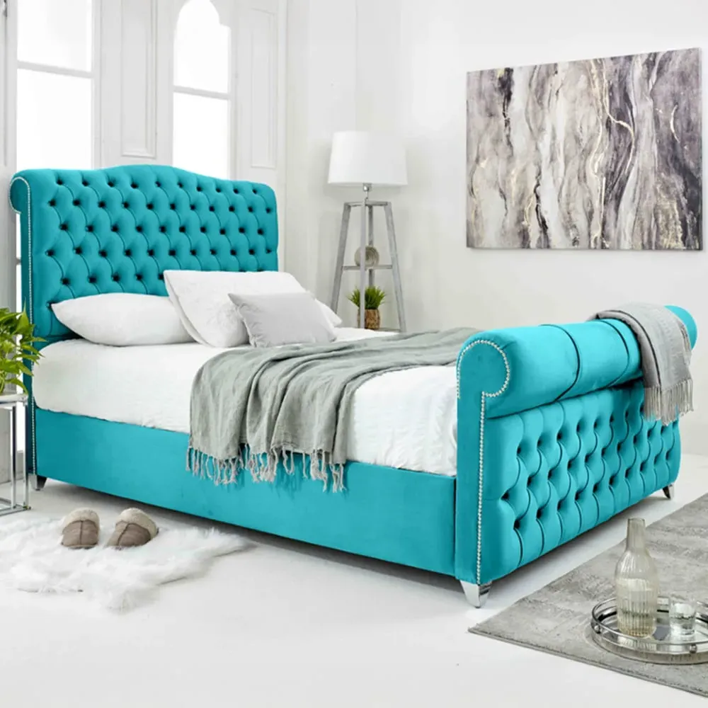 Maynard Super King Size Bed Frame with Buttons - Teal, Velvet