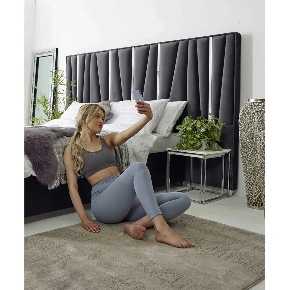 Mila King Size Bed Frame with Lined Headboard - Grey, Velvet