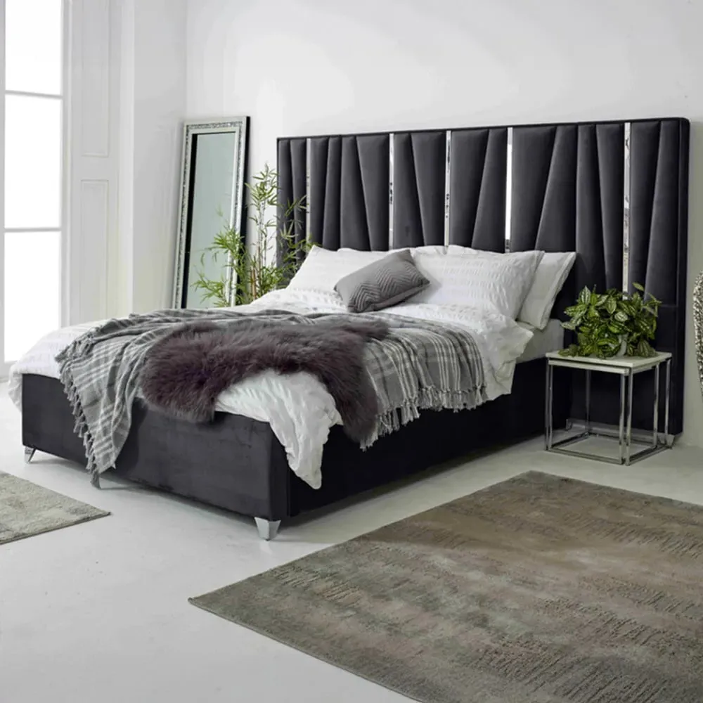 Mila King Size Bed Frame with Lined Headboard - Grey, Velvet