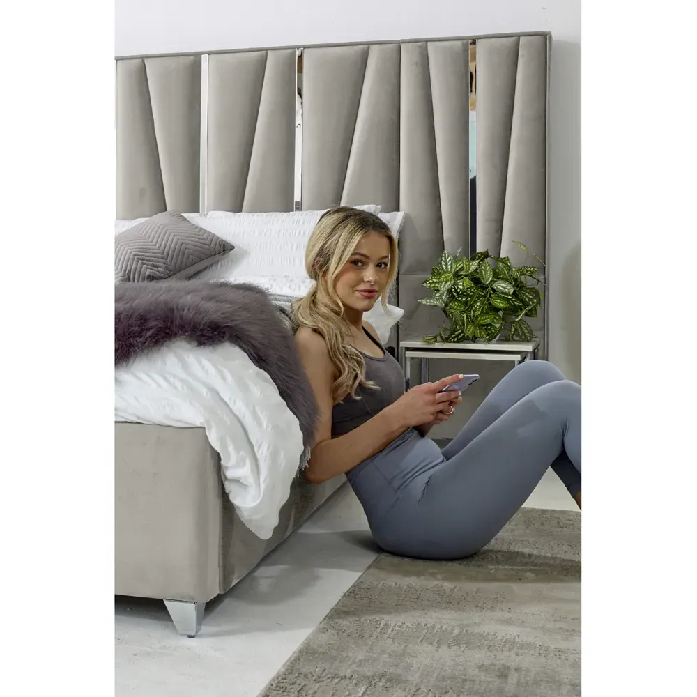 Mila King Size Bed Frame with Lined Headboard - Silver, Velvet