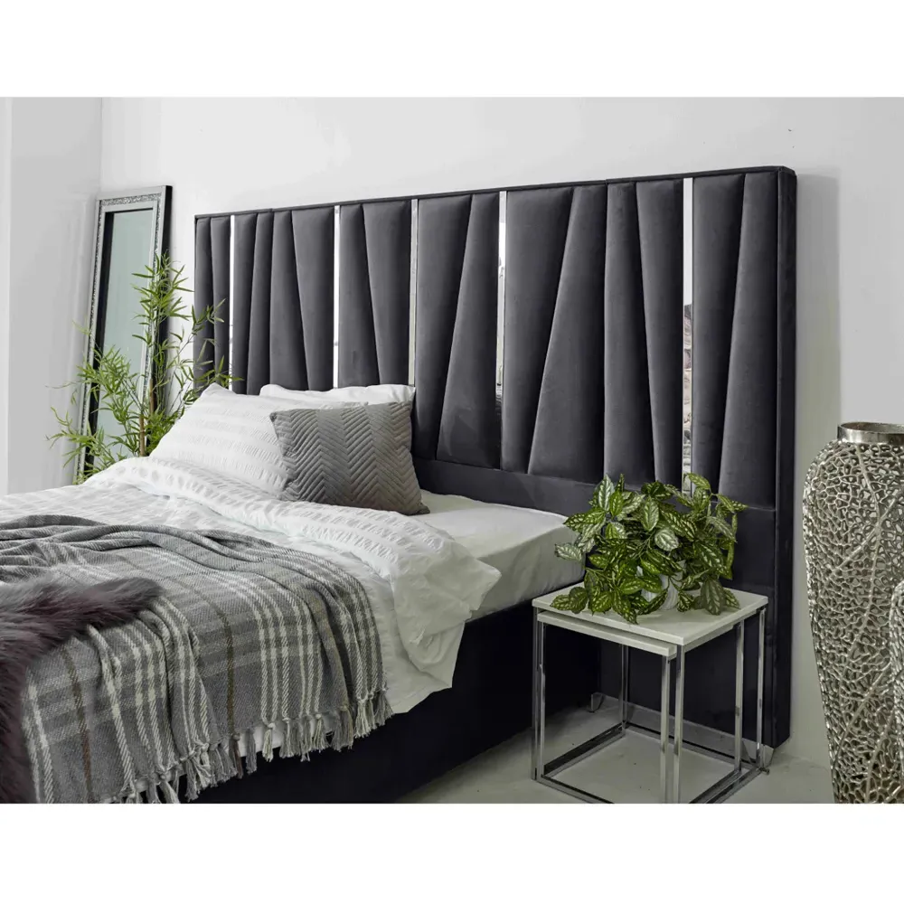 Mila Small Double Bed Frame with Lined Headboard - Grey, Velvet